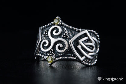 Triskelion Viking Symbol with Norse Ornament and CZ Sterling Silver Viking Ring