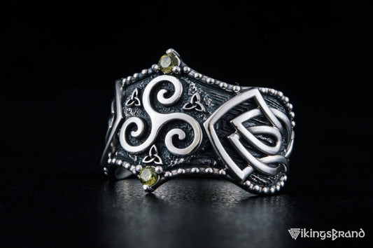 Triskelion Viking Symbol with Norse Ornament and CZ Sterling Silver Viking Ring