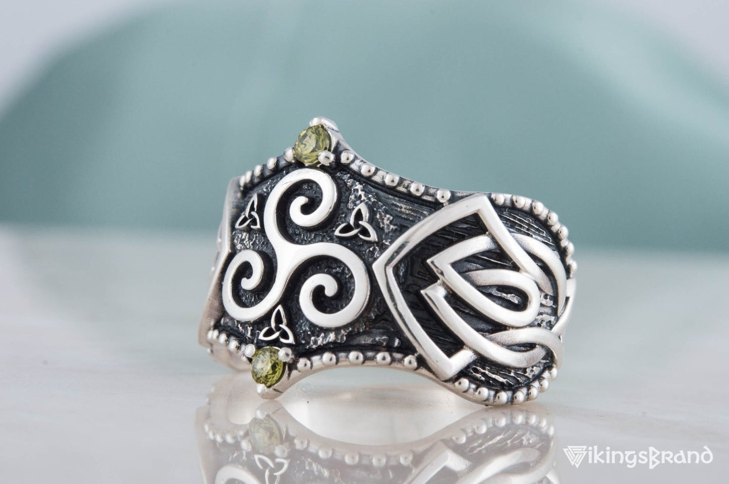 Triskelion Viking Symbol with Norse Ornament and CZ Sterling Silver Viking Ring