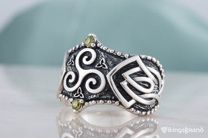 Triskelion Viking Symbol with Norse Ornament and CZ Sterling Silver Viking Ring