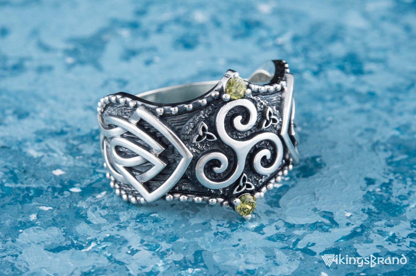 Triskelion Viking Symbol with Norse Ornament and CZ Sterling Silver Viking Ring