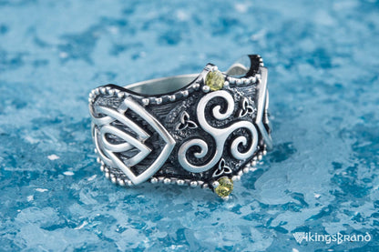 Triskelion Viking Symbol with Norse Ornament and CZ Sterling Silver Viking Ring