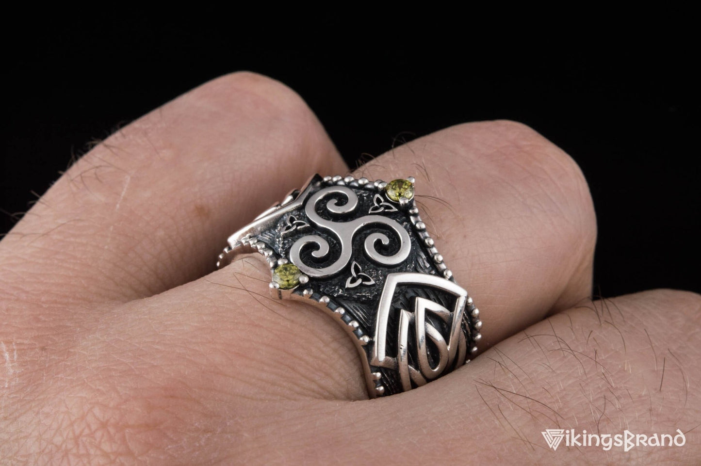 Triskelion Viking Symbol with Norse Ornament and CZ Sterling Silver Viking Ring