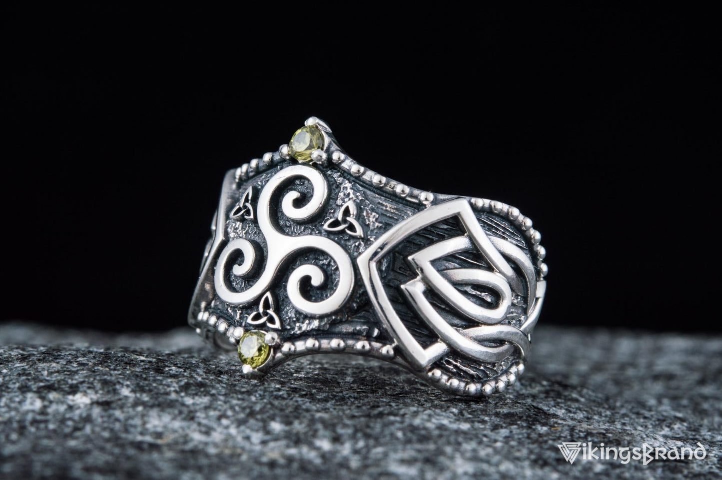 Triskelion Viking Symbol with Norse Ornament and CZ Sterling Silver Viking Ring