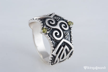 Triskelion Viking Symbol with Norse Ornament and CZ Sterling Silver Viking Ring