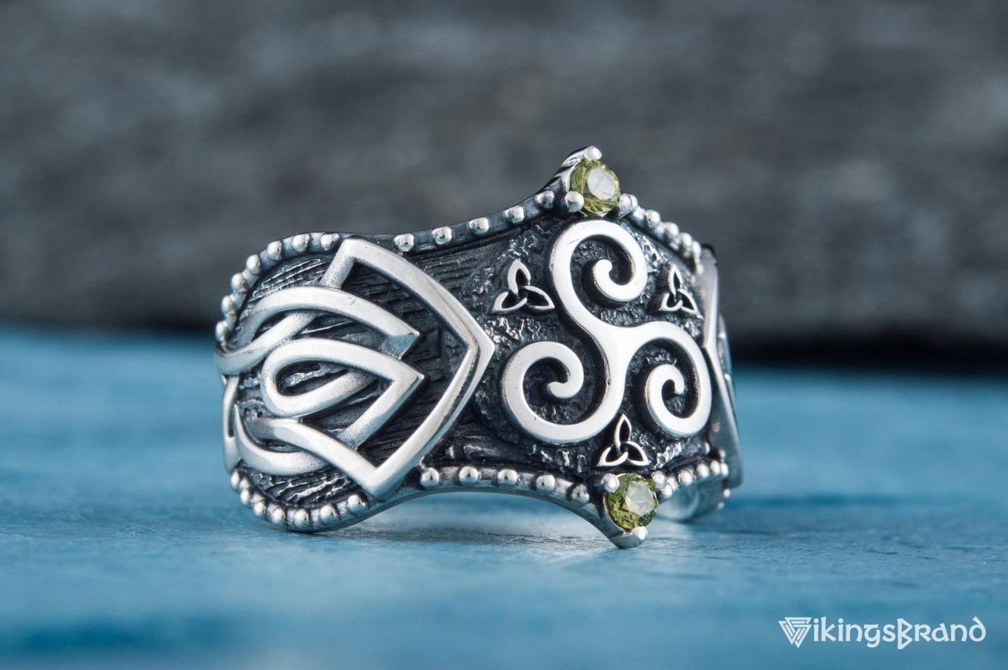 Triskelion Viking Symbol with Norse Ornament and CZ Sterling Silver Viking Ring