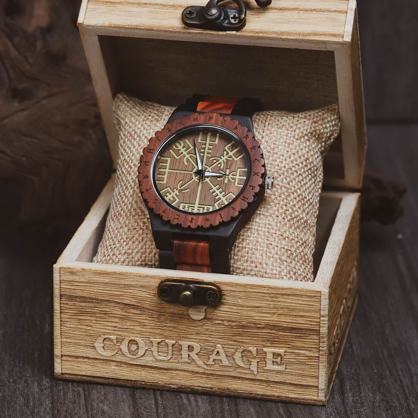 Trygve Viking Wooden Watch with Carved Vegvisir Viking Compass & Custom Engravings