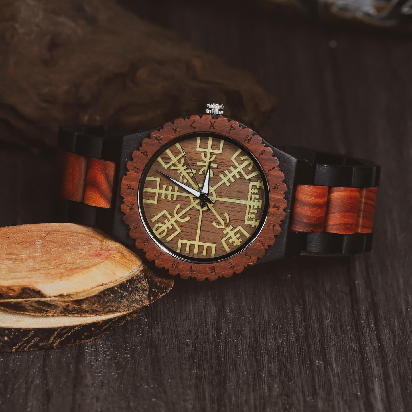 Trygve Viking Wooden Watch with Carved Vegvisir Viking Compass & Custom Engravings