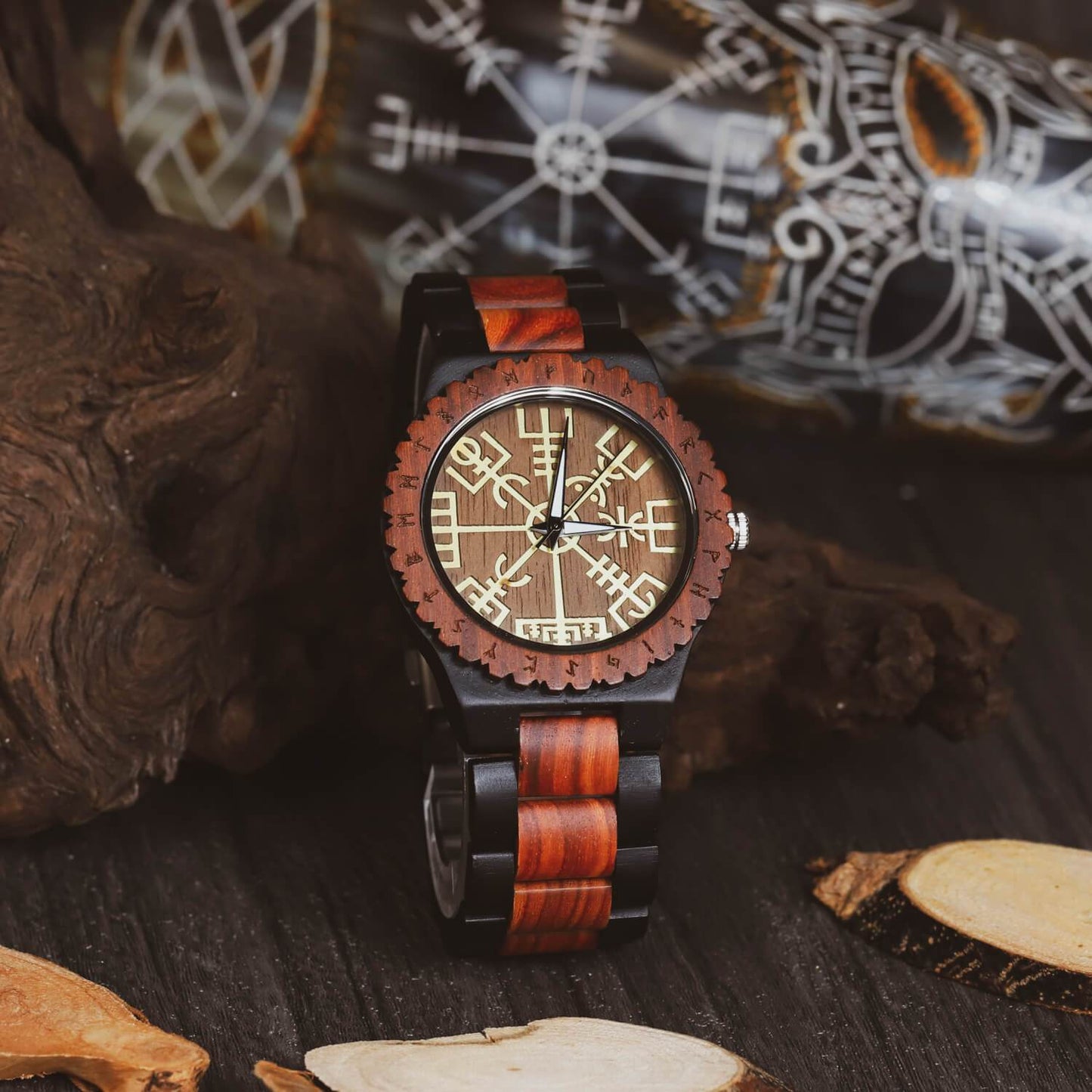 Trygve Viking Wooden Watch with Carved Vegvisir Viking Compass & Custom Engravings