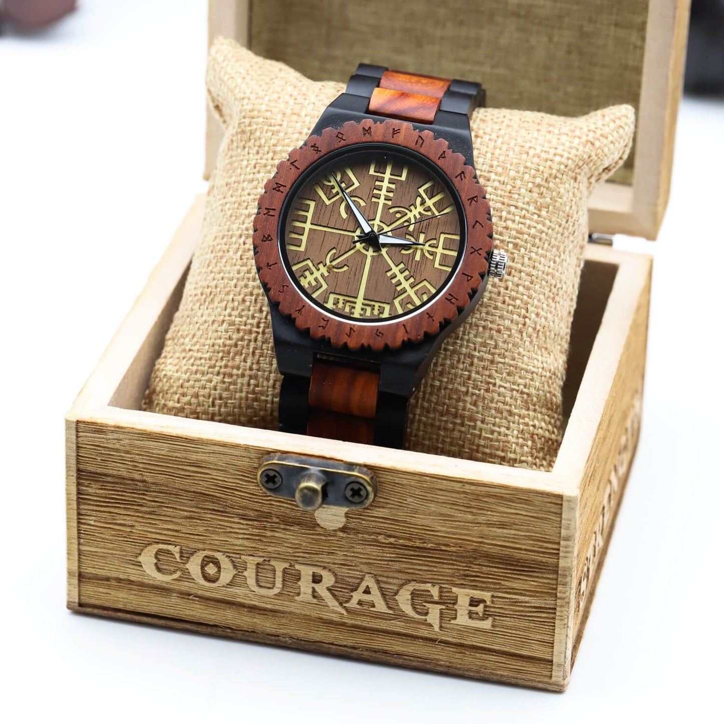 Trygve Viking Wooden Watch with Carved Vegvisir Viking Compass & Custom Engravings