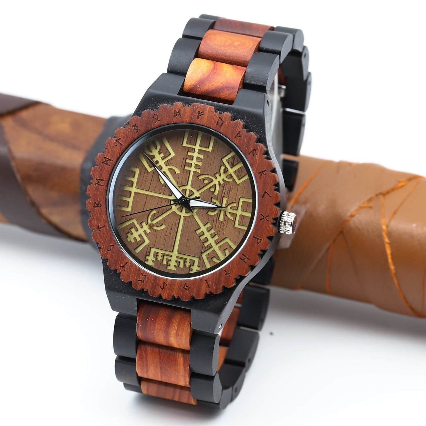 Trygve Viking Wooden Watch with Carved Vegvisir Viking Compass & Custom Engravings