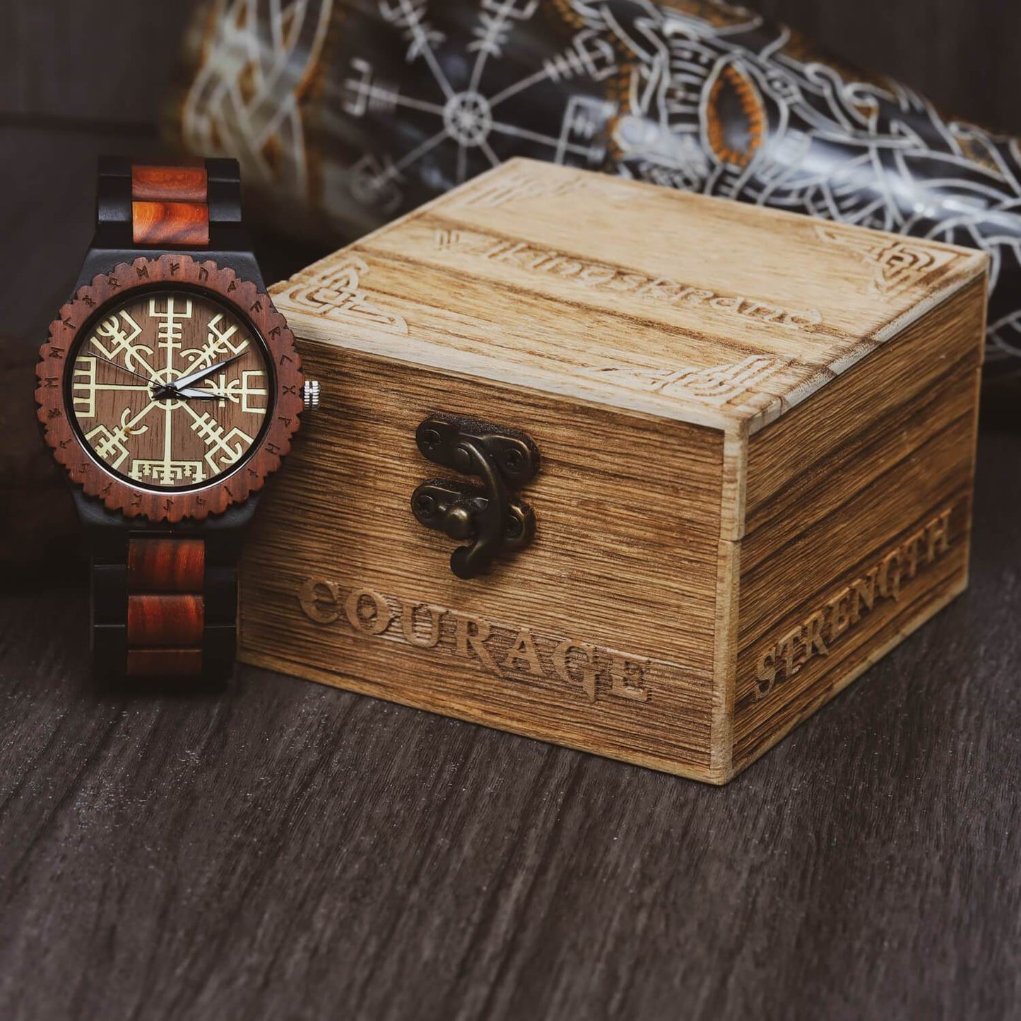 Trygve Viking Wooden Watch with Carved Vegvisir Viking Compass & Custom Engravings