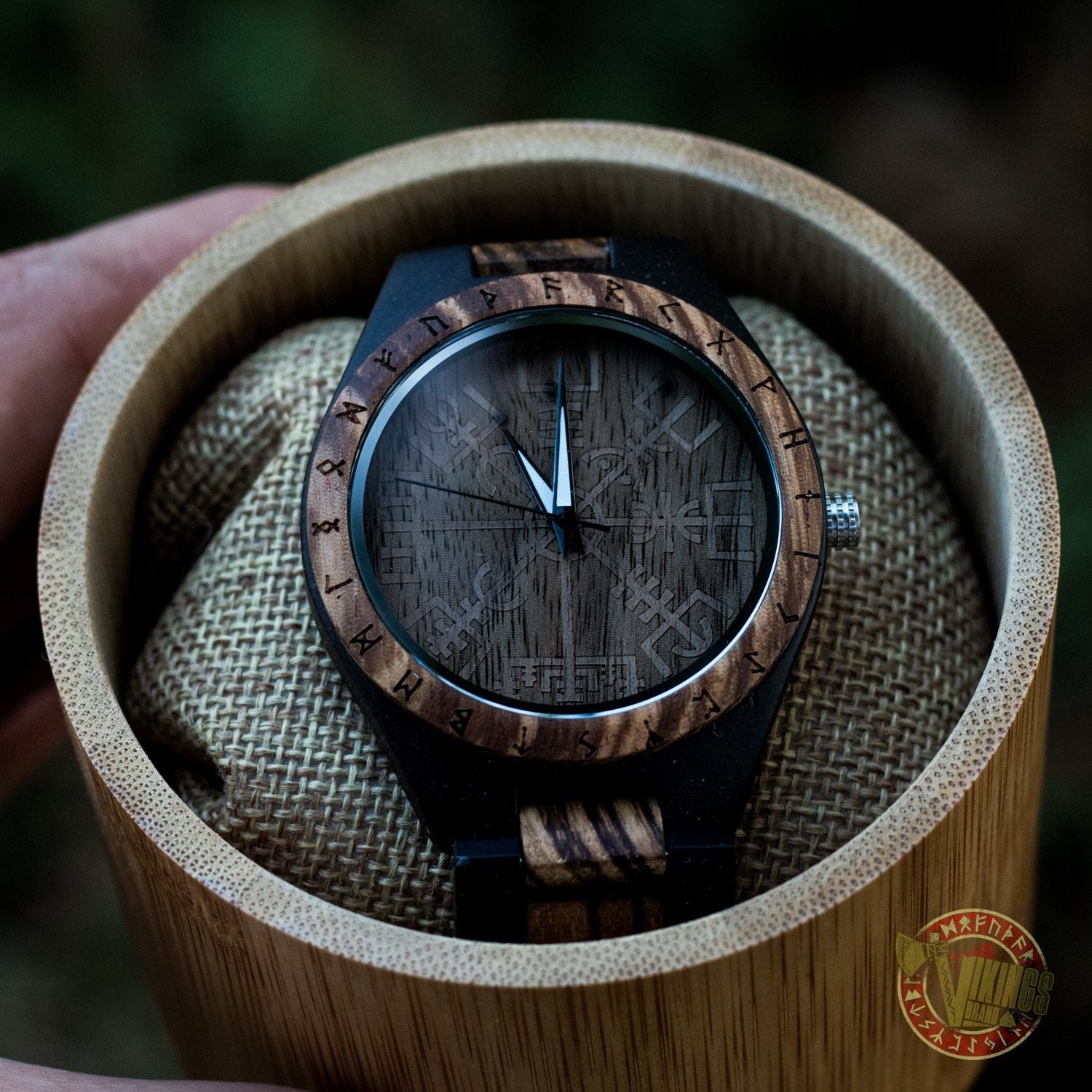 Ulf Viking Wooden Watch with Vegvisir Viking Symbol & Engraved Honor the Gods, Love Your Woman, Defend Your Kin Saying - VikingsBrand