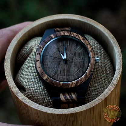 Ulf Viking Wooden Watch with Vegvisir Viking Symbol & Engraved Honor the Gods, Love Your Woman, Defend Your Kin Saying - VikingsBrand