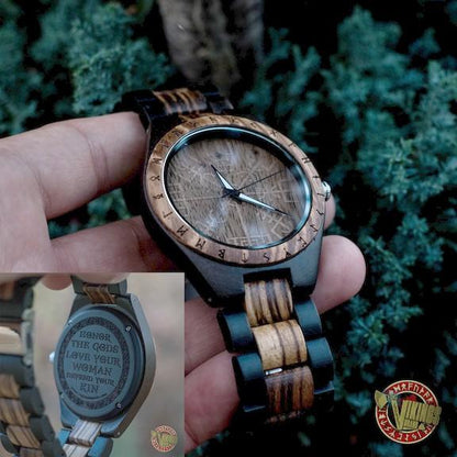 Ulf Viking Wooden Watch with Vegvisir Viking Symbol & Engraved Honor the Gods, Love Your Woman, Defend Your Kin Saying - VikingsBrand