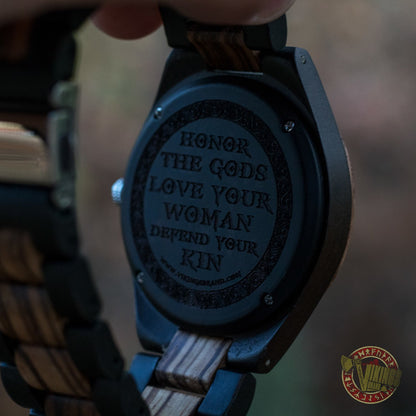 Ulf Viking Wooden Watch with Vegvisir Viking Symbol & Engraved Honor the Gods, Love Your Woman, Defend Your Kin Saying - VikingsBrand