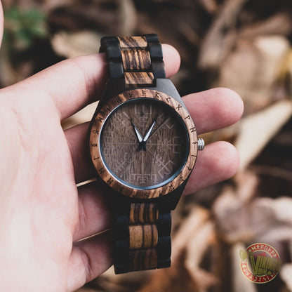 Ulf Viking Wooden Watch with Vegvisir Viking Symbol & Engraved Honor the Gods, Love Your Woman, Defend Your Kin Saying - VikingsBrand