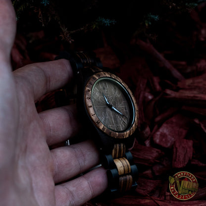 Ulf Viking Wooden Watch with Vegvisir Viking Symbol & Engraved Honor the Gods, Love Your Woman, Defend Your Kin Saying - VikingsBrand