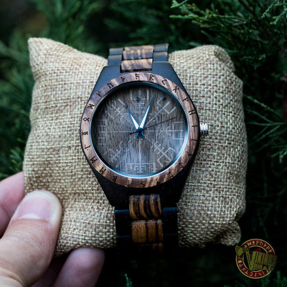 Ulf Viking Wooden Watch with Vegvisir Viking Symbol & Engraved Honor the Gods, Love Your Woman, Defend Your Kin Saying - VikingsBrand