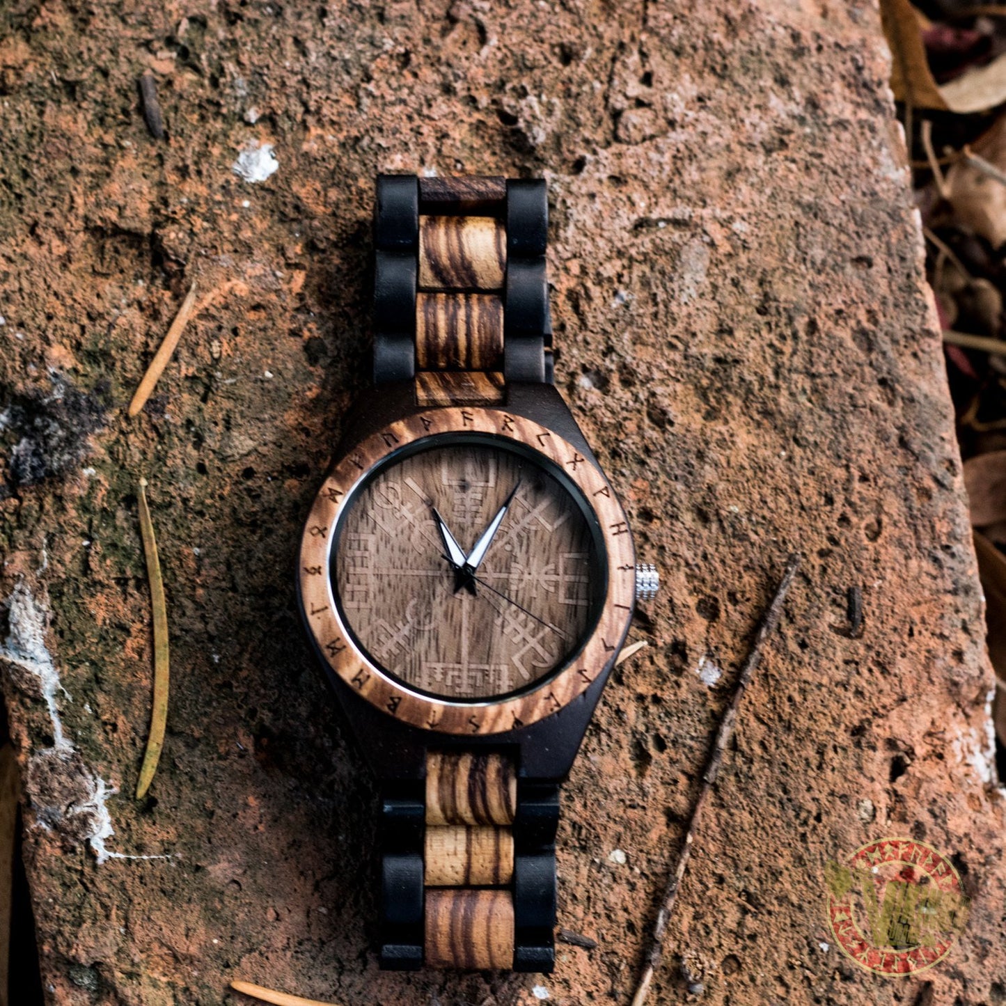 Ulf Viking Wooden Watch with Vegvisir Viking Symbol & Engraved Honor the Gods, Love Your Woman, Defend Your Kin Saying - VikingsBrand