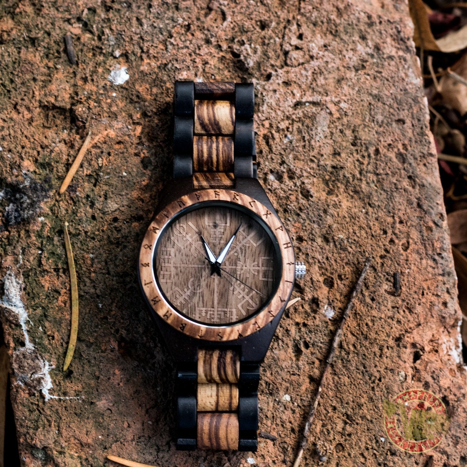 Ulf Viking Wooden Watch with Vegvisir Viking Symbol & Engraved Honor the Gods, Love Your Woman, Defend Your Kin Saying - VikingsBrand