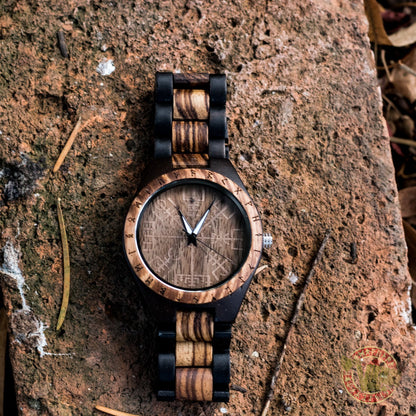 Ulf Viking Wooden Watch with Vegvisir Viking Symbol & Engraved Honor the Gods, Love Your Woman, Defend Your Kin Saying - VikingsBrand