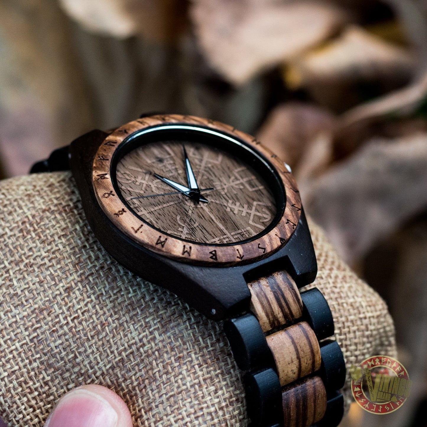 Ulf Viking Wooden Watch with Vegvisir Viking Symbol & Engraved Honor the Gods, Love Your Woman, Defend Your Kin Saying - VikingsBrand