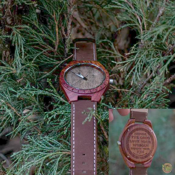 Ulf Viking Wooden Watch with Vegvisir Viking Symbol & Engraved Honor the Gods, Love Your Woman, Defend Your Kin Saying - VikingsBrand