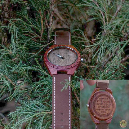 Ulf Viking Wooden Watch with Vegvisir Viking Symbol & Engraved Honor the Gods, Love Your Woman, Defend Your Kin Saying - VikingsBrand