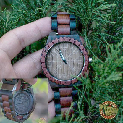 Ulf Viking Wooden Watch with Vegvisir Viking Symbol & Engraved Honor the Gods, Love Your Woman, Defend Your Kin Saying - VikingsBrand