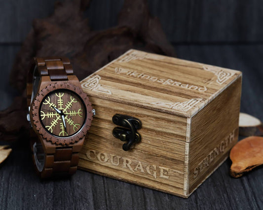 Ulfhild Viking Wooden Watch with Carved Helm of Awe Viking Symbol & Custom Engravings