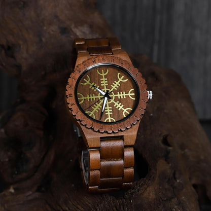 Ulfhild Viking Wooden Watch with Carved Helm of Awe Viking Symbol & Custom Engravings