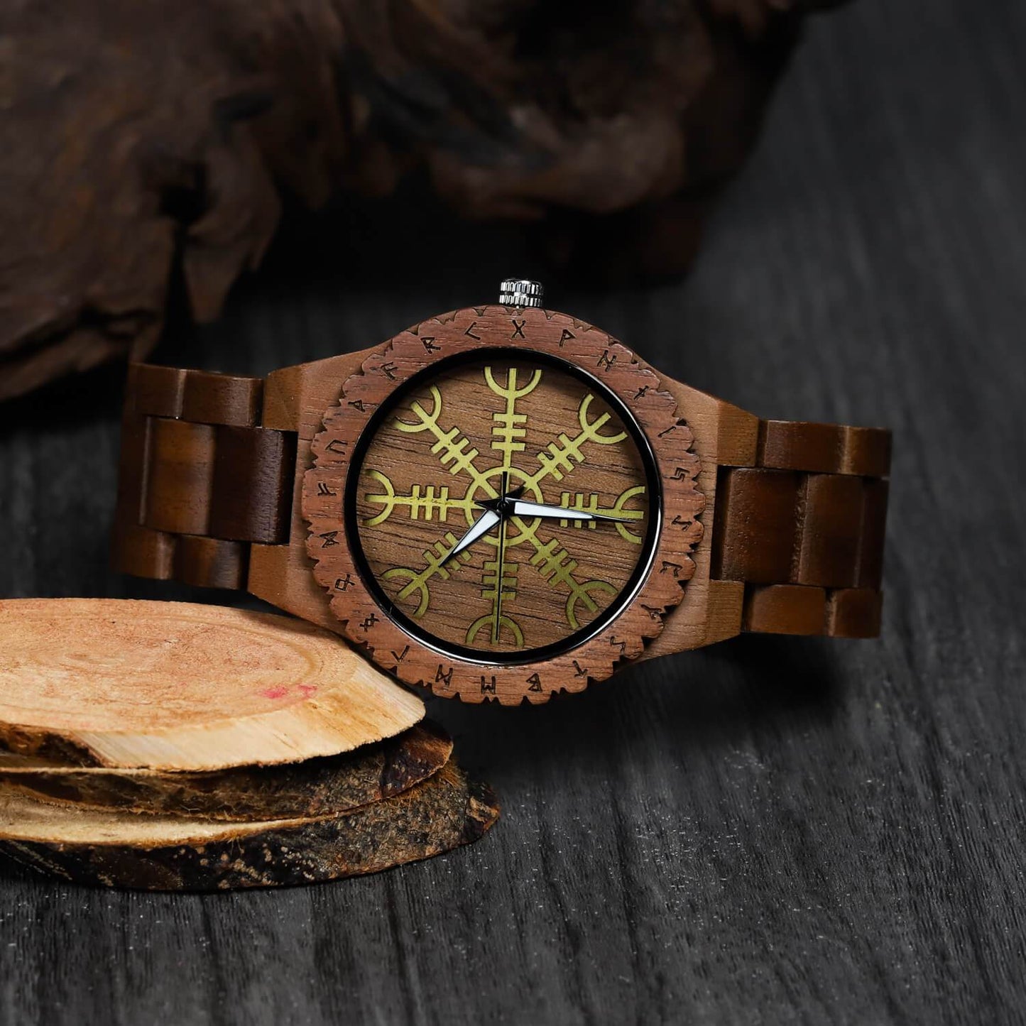 Ulfhild Viking Wooden Watch with Carved Helm of Awe Viking Symbol & Custom Engravings