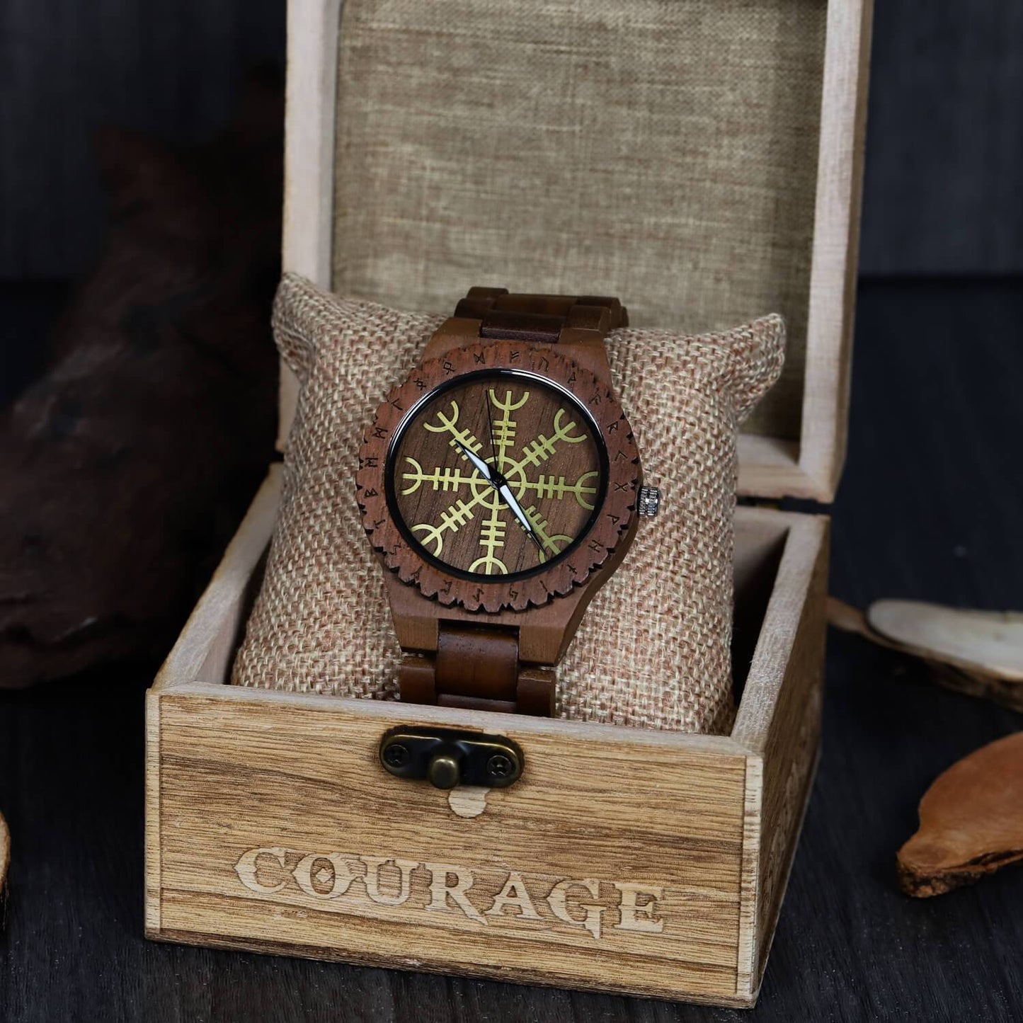 Ulfhild Viking Wooden Watch with Carved Helm of Awe Viking Symbol & Custom Engravings