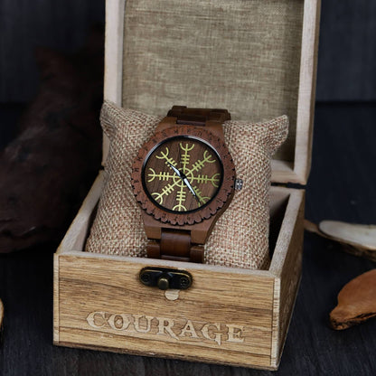 Ulfhild Viking Wooden Watch with Carved Helm of Awe Viking Symbol & Custom Engravings