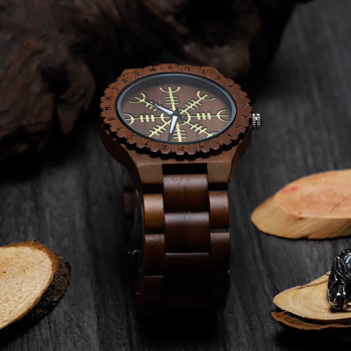 Ulfhild Viking Wooden Watch with Carved Helm of Awe Viking Symbol & Custom Engravings