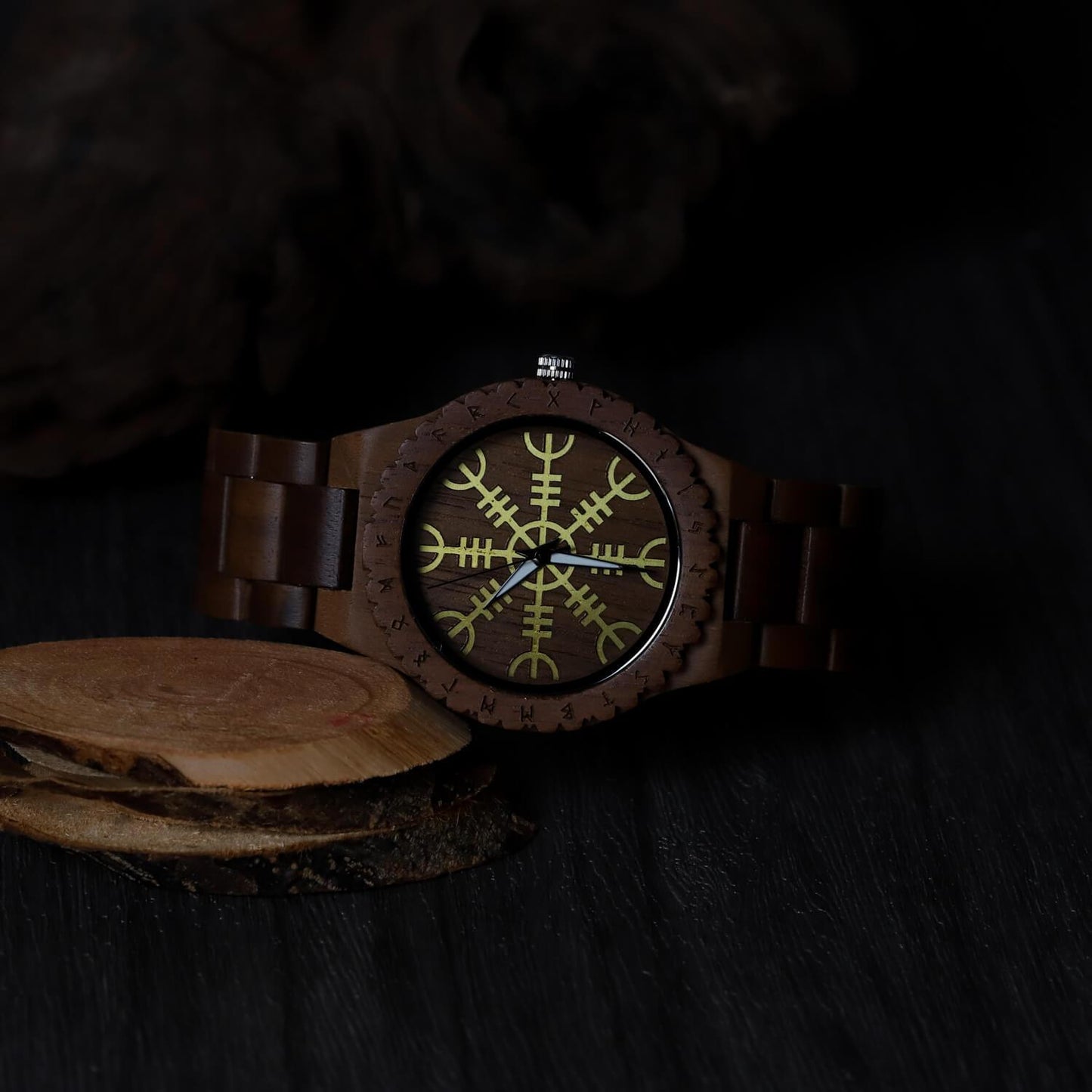 Ulfhild Viking Wooden Watch with Carved Helm of Awe Viking Symbol & Custom Engravings