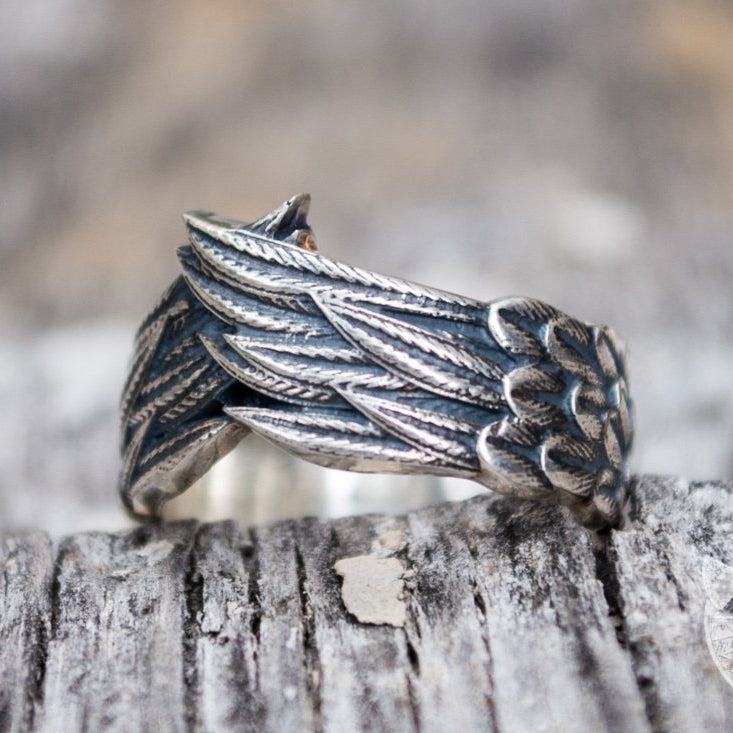Unique Raven Feathers 925 Sterling Silver Viking Ring - VikingsBrand