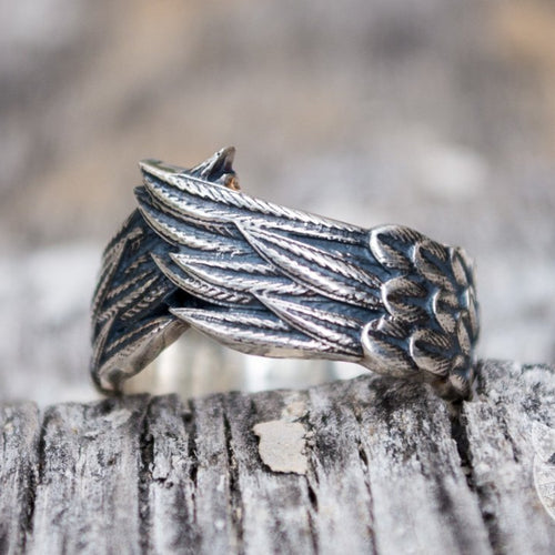 Raven feathers Viking ring in 925 sterling silver