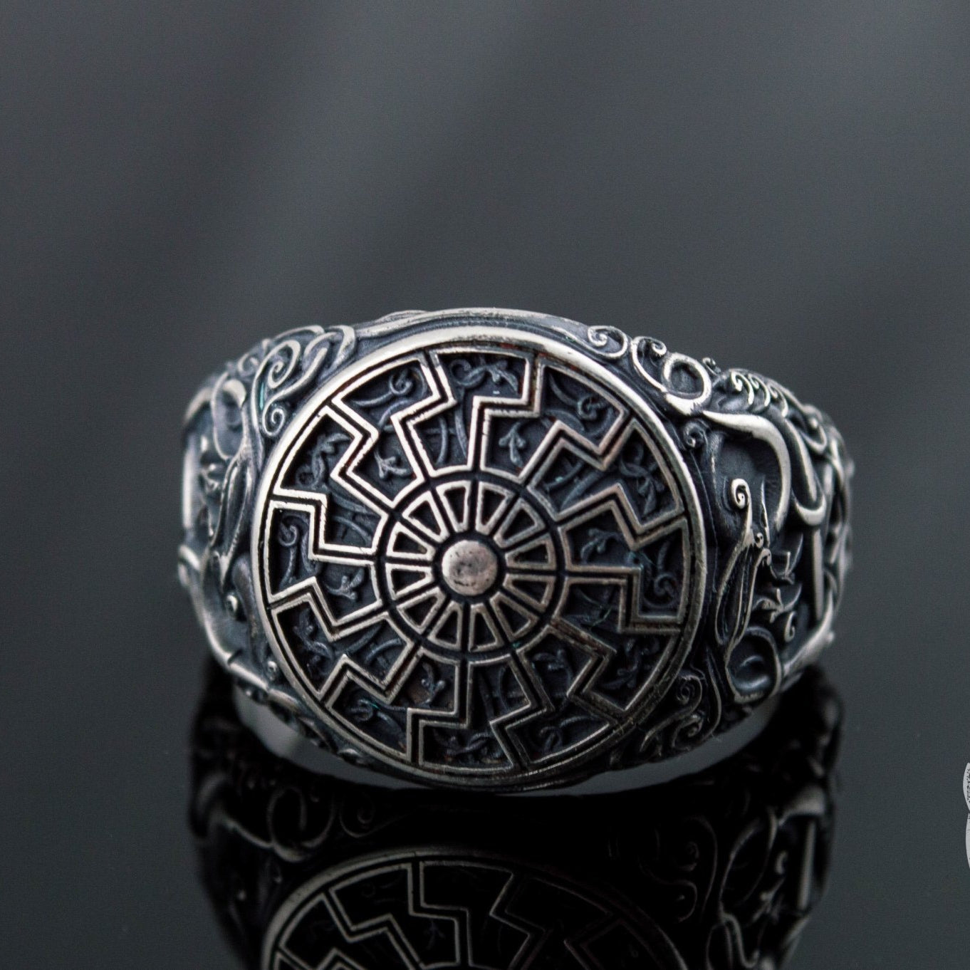 Urnes Style Black Sun Symbol 925 Sterling Silver Norse Ring - VikingsBrand