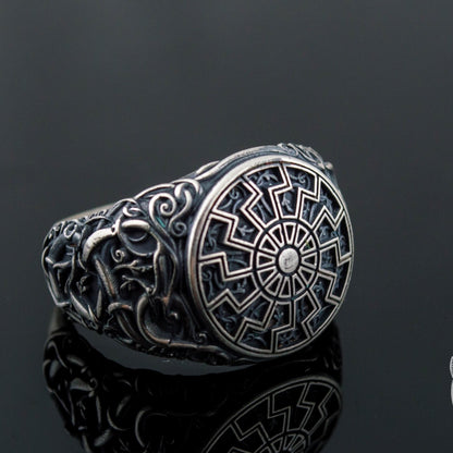 Urnes Style Black Sun Symbol 925 Sterling Silver Norse Ring - VikingsBrand