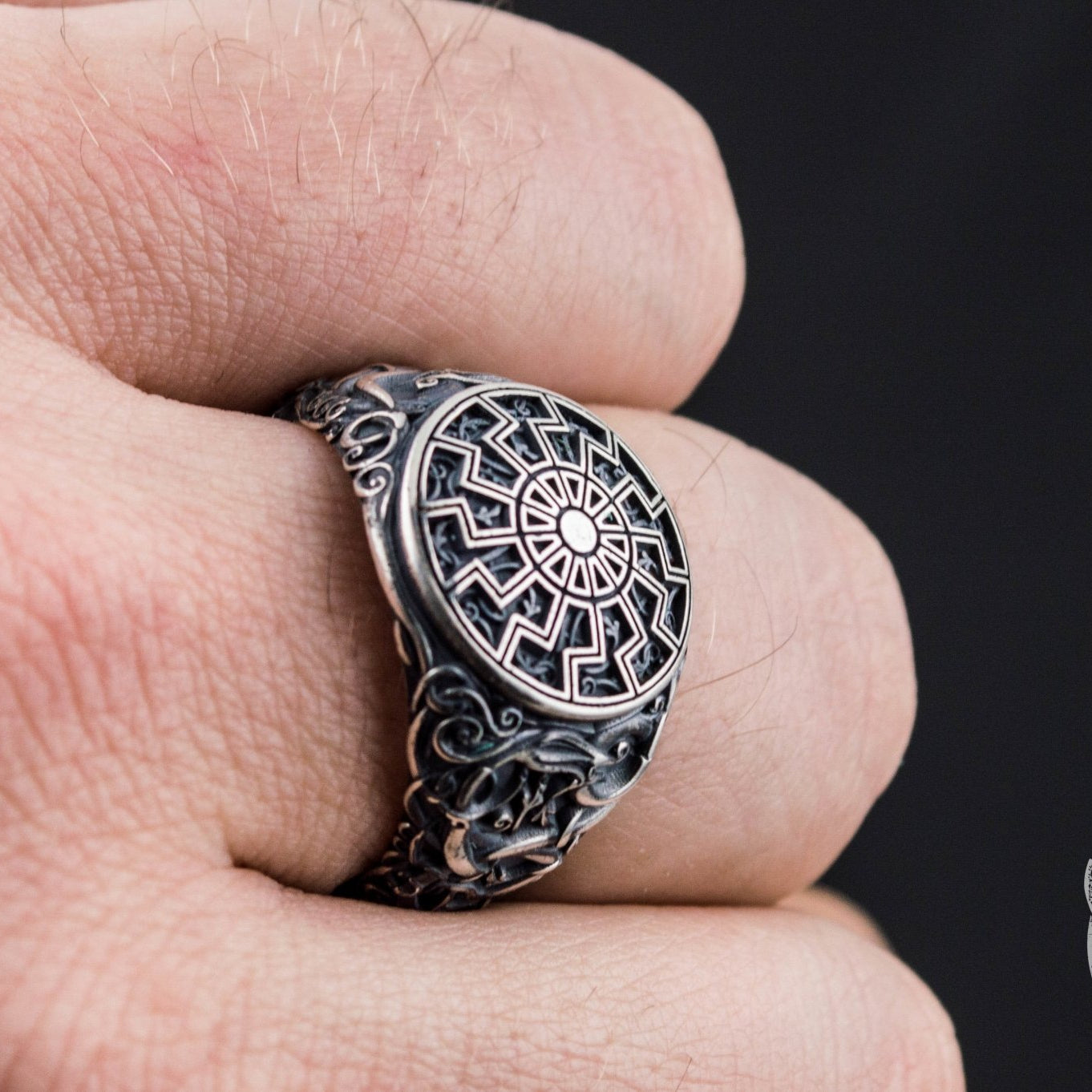 Urnes Style Black Sun Symbol 925 Sterling Silver Norse Ring - VikingsBrand