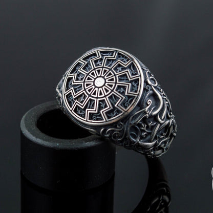 Urnes Style Black Sun Symbol 925 Sterling Silver Norse Ring - VikingsBrand