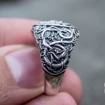 Urnes Style Jormungandr Symbol 925 Sterling Silver Norse Ring - VikingsBrand