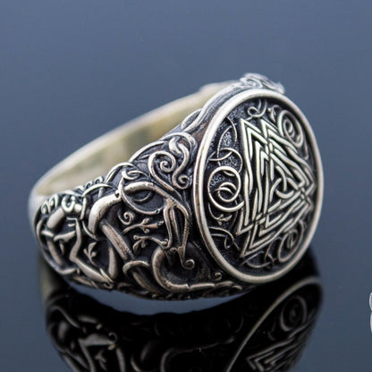 Urnes Style Valknut Symbol 925 Sterling Silver Viking Ring - VikingsBrand