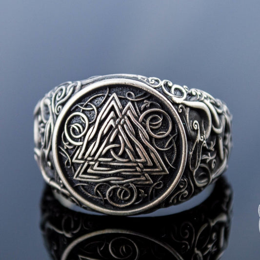 Urnes Style Valknut Symbol 925 Sterling Silver Viking Ring - VikingsBrand