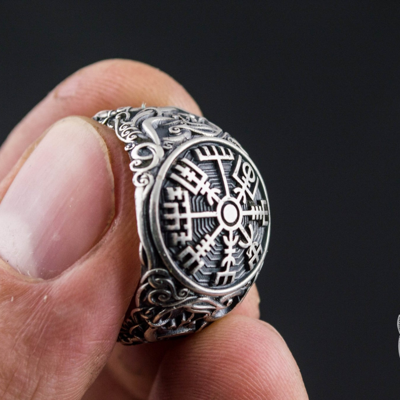 Urnes Style Vegvisir Symbol 925 Sterling Silver Norse Ring - VikingsBrand