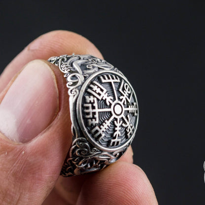 Urnes Style Vegvisir Symbol 925 Sterling Silver Norse Ring - VikingsBrand