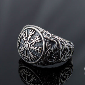Nordischer Vegvísir-Ring im Urnes-Stil aus 925er Sterlingsilber