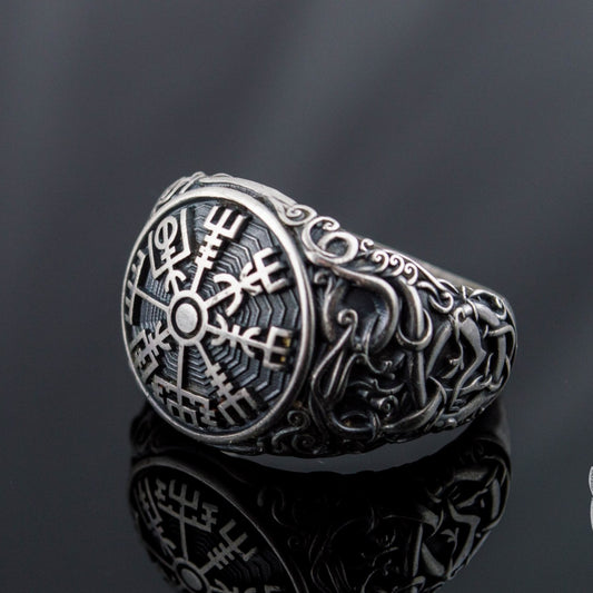 Urnes Style Vegvisir Symbol 925 Sterling Silver Norse Ring - VikingsBrand